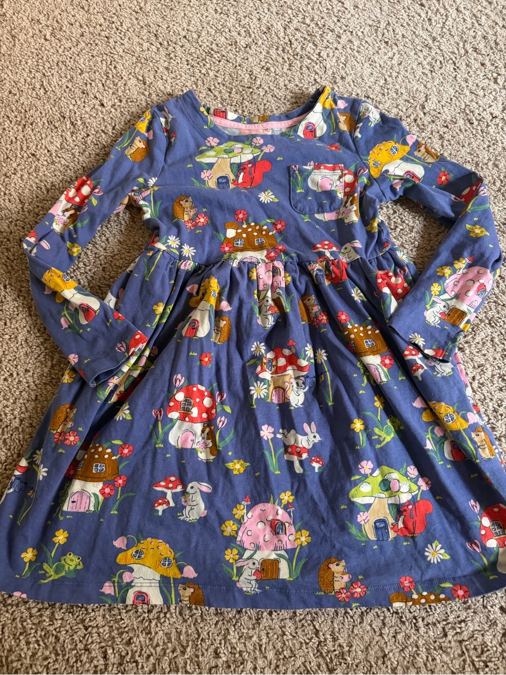Mini Biden Cottage Core Girls' Long Sleeve Mushroom & Animal Print Dress - Blue